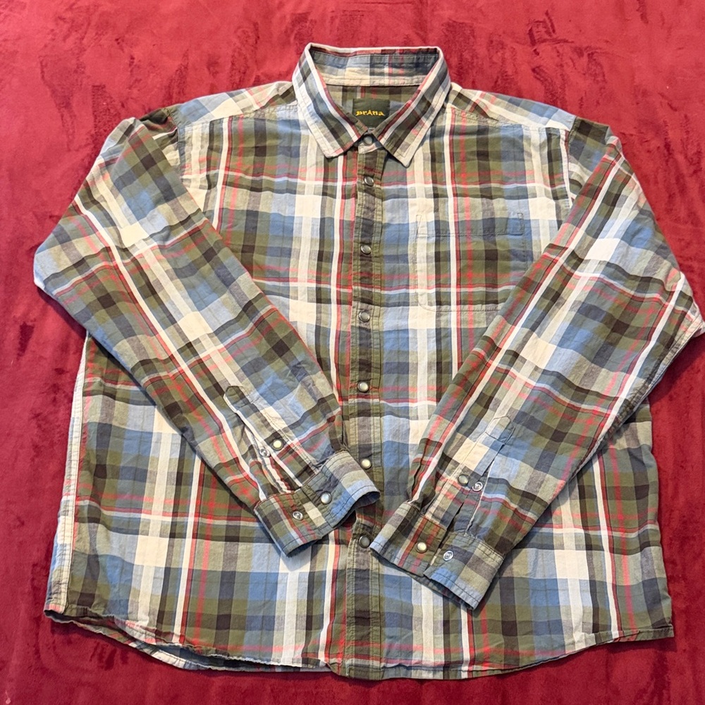 Prana Men's Blue and Green Plaid Button Down Shirt
